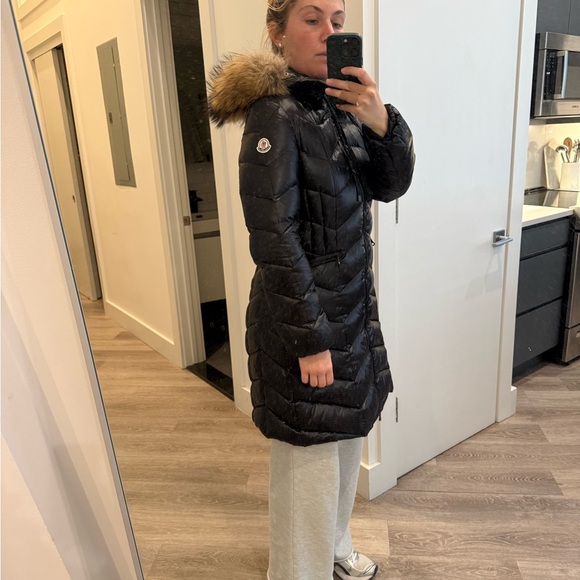 Moncler Black Puffer Coat with Fur Trim